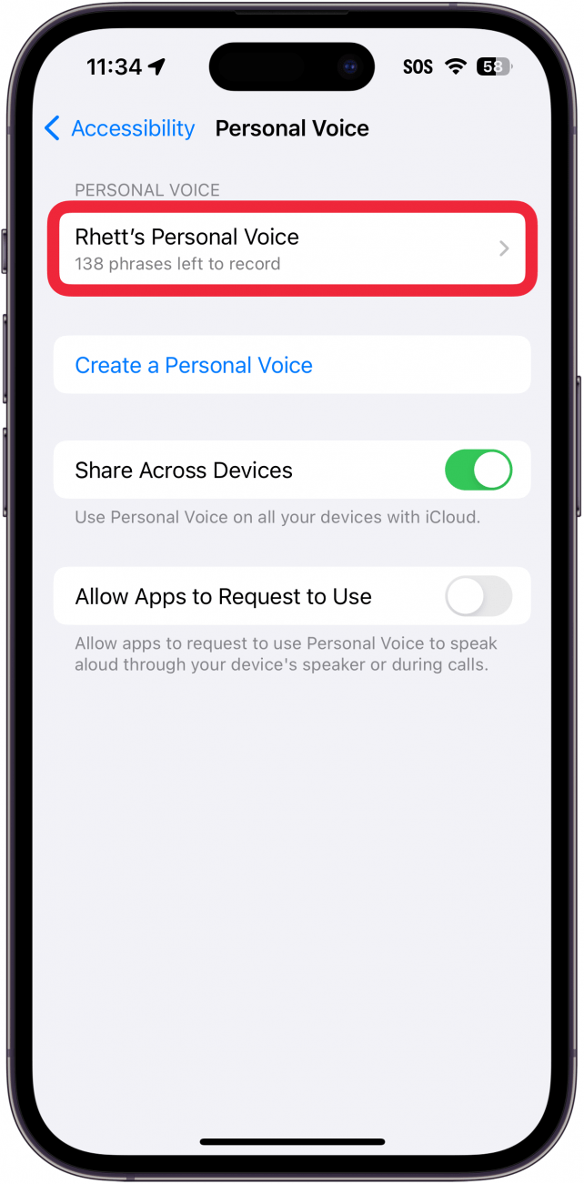 Persönliche Spracheinstellungen des iPhone mit einem roten Kästchen um eine laufende persönliche Sprachaufzeichnung