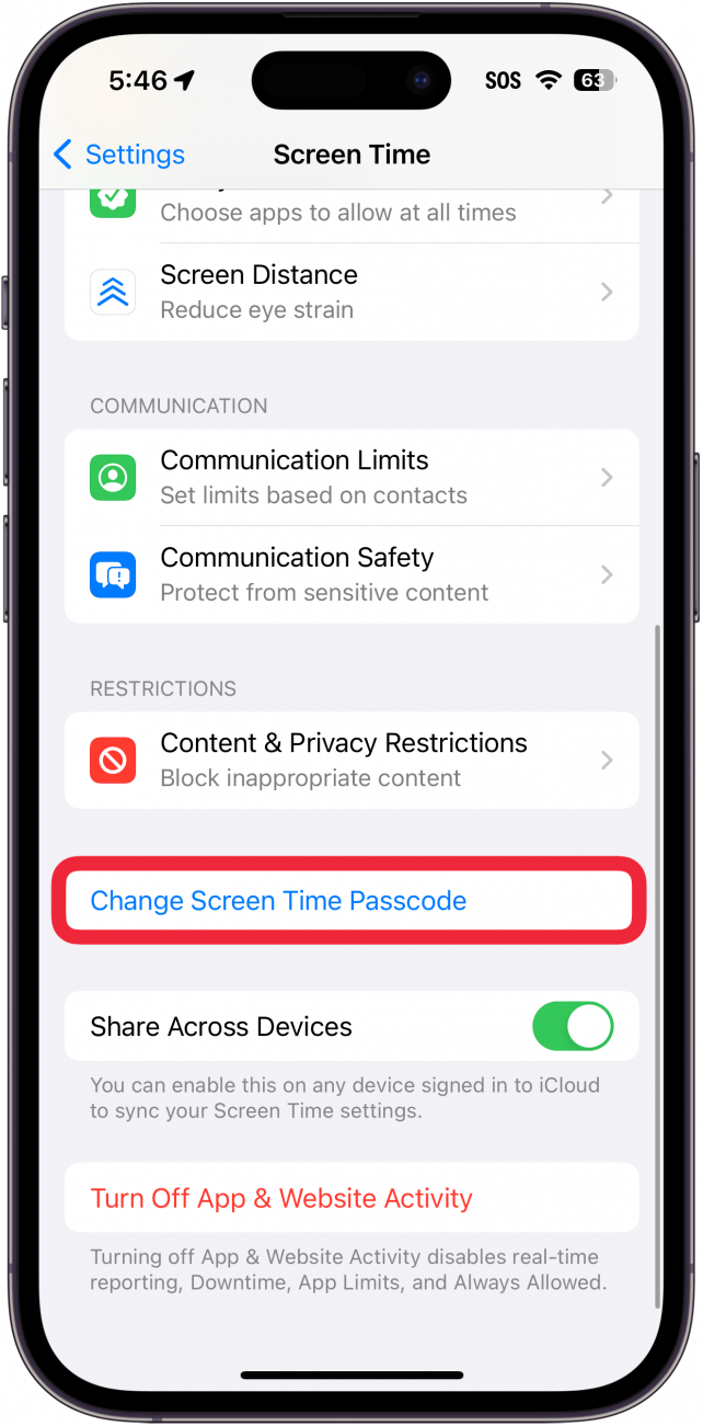 iPhone-Bildschirmzeiteinstellungen mit einem roten Kästchen um den Bildschirmzeit-Passcode ändern