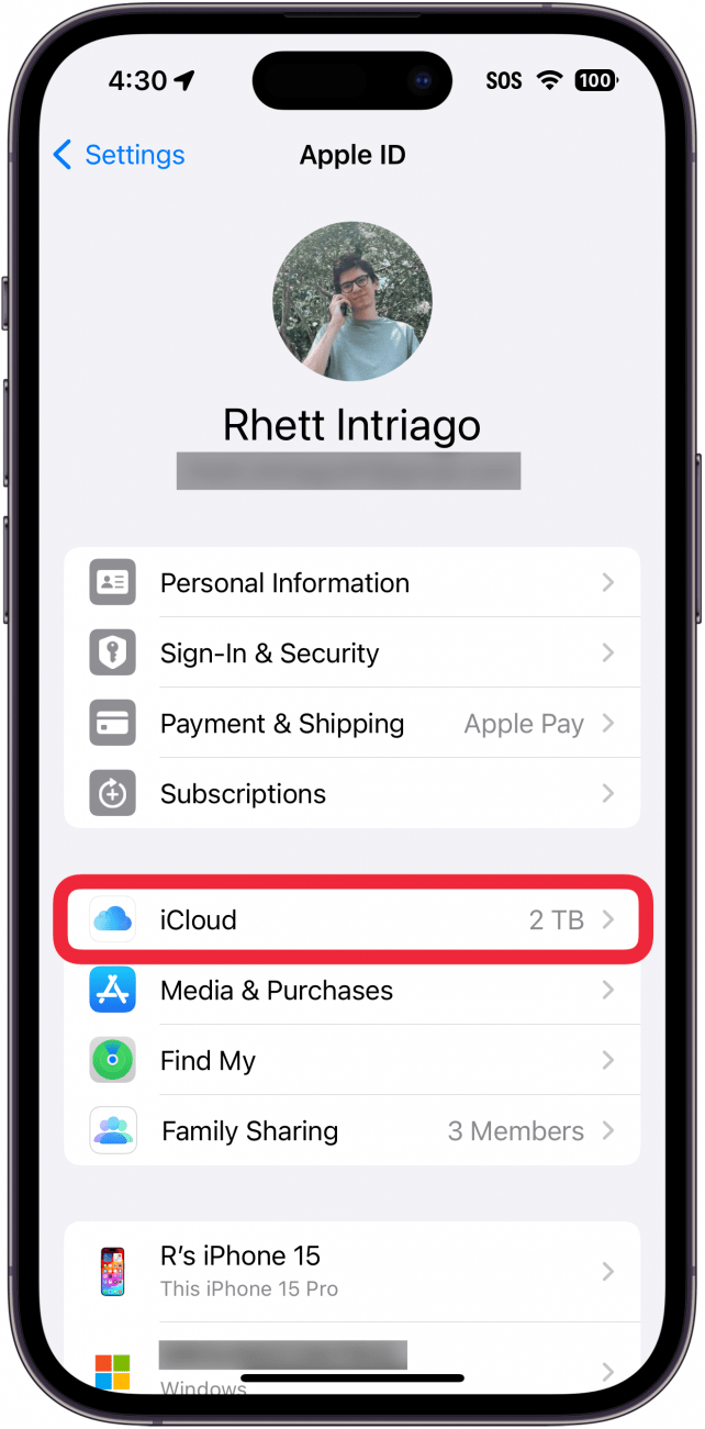 iPhone-Apple-ID-Einstellungen mit einem roten Kästchen um iCloud