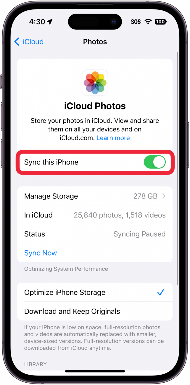 iPhone iCloud-Fotoeinstellungen mit einem roten Kästchen um die Schaltfläche „Dieses iPhone synchronisieren“.
