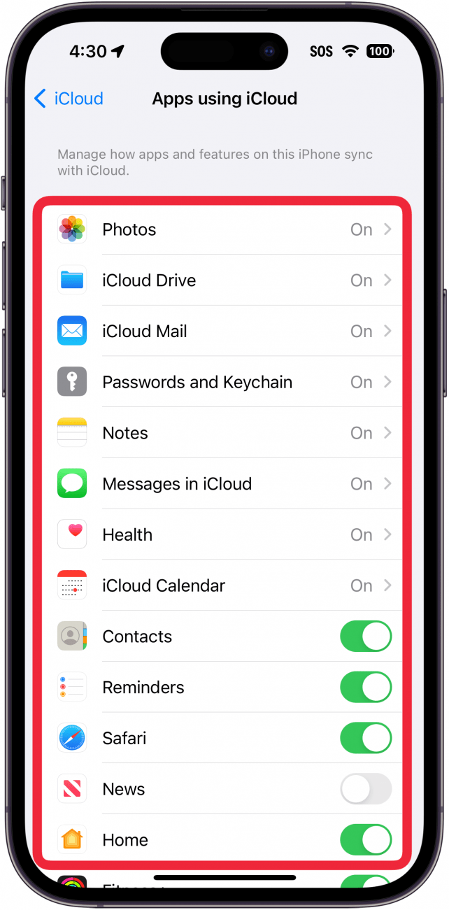 iPhone iCloud-Einstellungen mit einem roten Kästchen um die Liste der Apps, die derzeit mit diesem iPhone synchronisiert werden