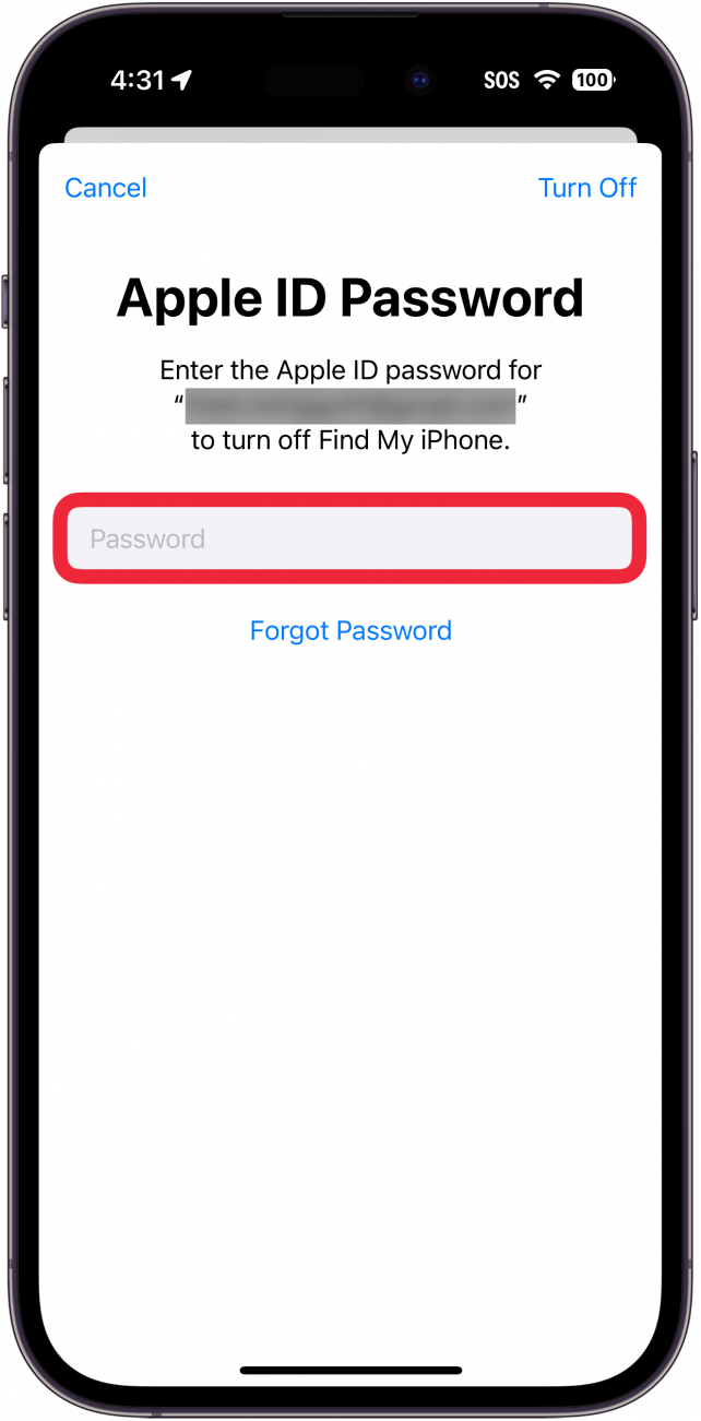 iPhone-Apple-ID-Abmeldevorgang mit einem roten Kästchen um das Apple-ID-Passwort-Eingabefeld