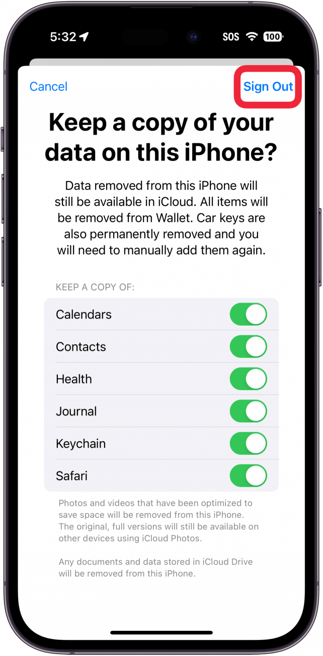 iPhone-Apple-ID-Abmeldevorgang mit einem roten Kästchen um die Abmeldeschaltfläche