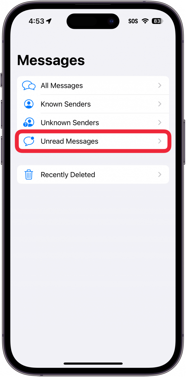 iPhone-Nachrichten-App mit einer Liste von Filtern und einem roten Kästchen um ungelesene Nachrichten