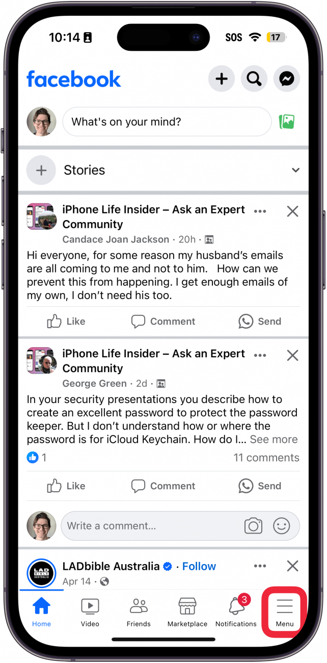 iPhone-Facebook-App mit einem roten Kästchen um das Hamburger-Menüsymbol