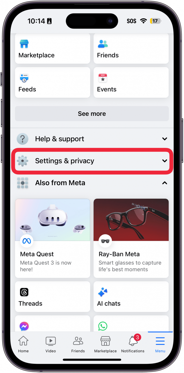 iPhone-Facebook-App mit einem roten Kästchen um Einstellungen und Datenschutz