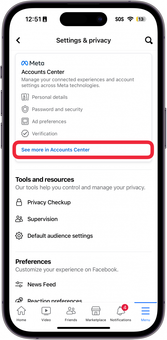 iPhone-Facebook-App mit einem roten Kästchen um die Schaltfläche „Weitere Informationen im Kontocenter“.