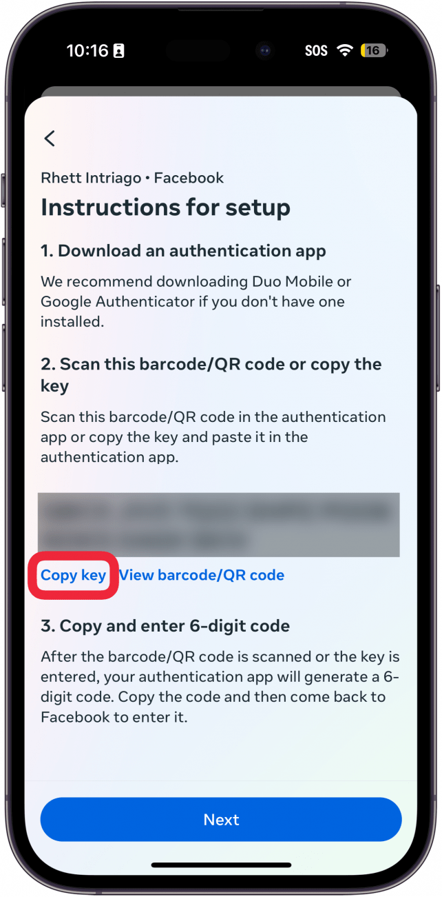 iPhone-Facebook-App 2FA-Setup mit einem roten Kästchen um die Schaltfläche „Code kopieren“.