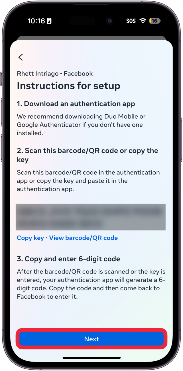 iPhone-Facebook-App 2FA-Setup mit einem roten Kästchen um die Schaltfläche „Weiter“.