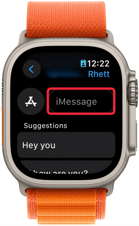 Apple Watch-Nachrichten-App mit einem roten Kästchen um das Nachrichtentextfeld