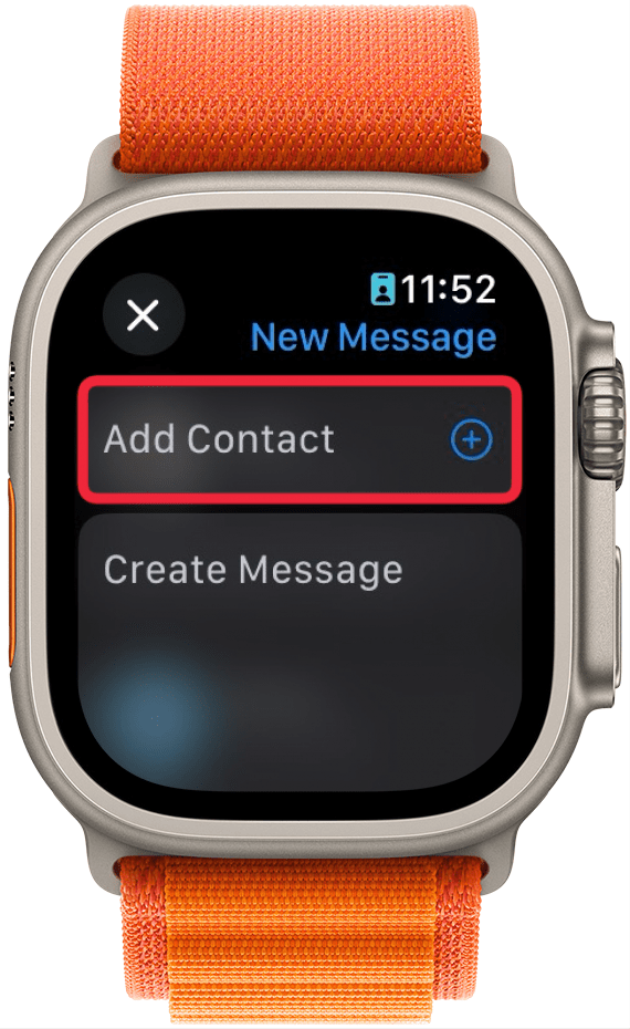 Apple Watch-Nachrichten-App mit einem roten Kästchen um die Schaltfläche „Kontakt hinzufügen“.
