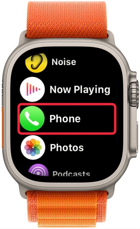 Apple-Watch-App-Liste mit einem roten Kästchen um die Telefon-App