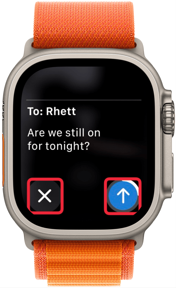 Apple Watch Siri-Sende-Textoberfläche mit roten Kästchen um die Schaltflächen „Abbrechen“ und „Senden“.