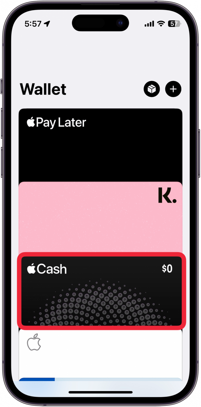 iPhone Wallet-App mit einem roten Kästchen um die Apple Cash-Karte
