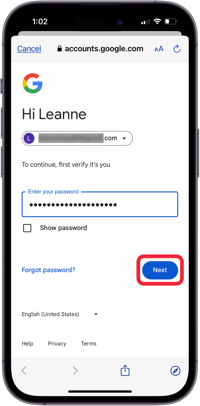 Tippen Sie neben „Google-Passwort zurücksetzen“ auf