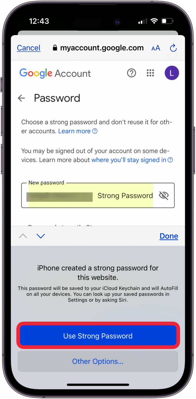 Tippen Sie auf „Sicheres Passwort verwenden“, um mein Google-Passwort vom iPhone zurückzusetzen