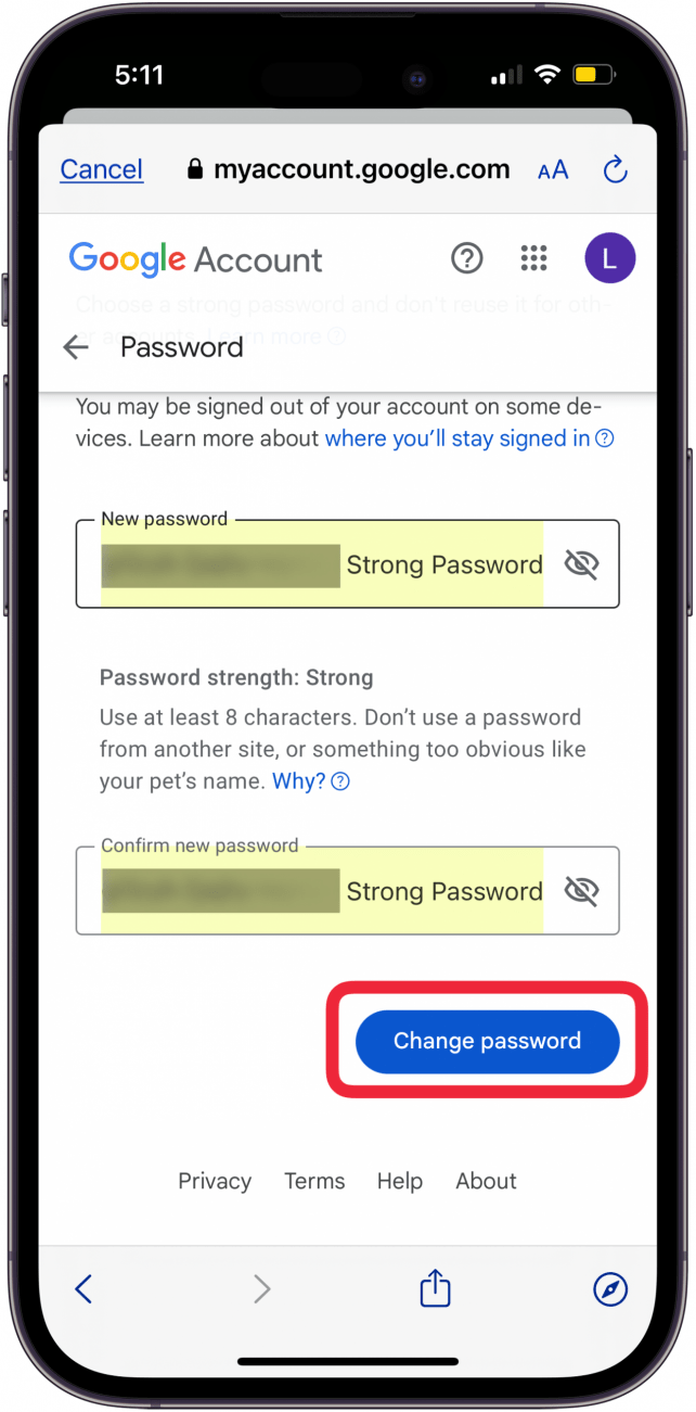 Tippen Sie auf „Passwort ändern“, um das Google-Passwort auf dem iPhone zu ändern