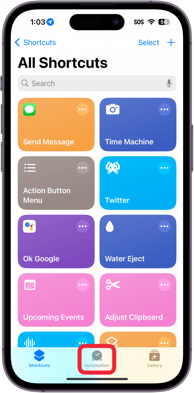iPhone-Verknüpfungs-App mit einem roten Kästchen um die Registerkarte „Automatisierungen“ am unteren Bildschirmrand