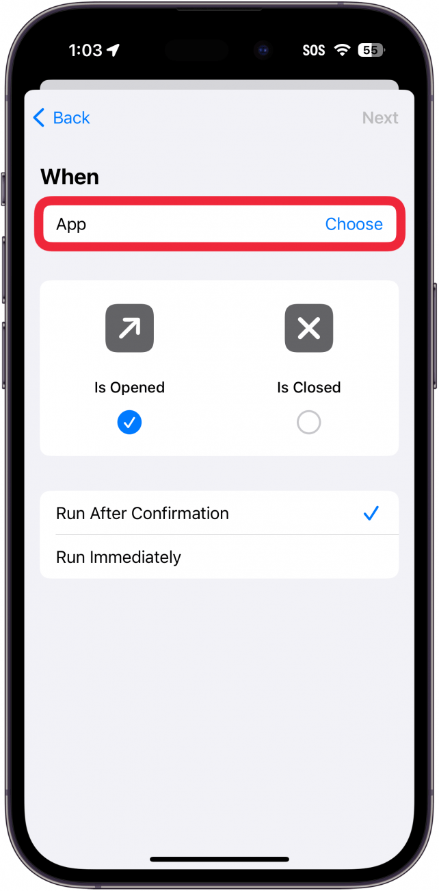 iPhone-Verknüpfungen-App-Automatisierung eingerichtet mit einem roten Kästchen um die Auswahlschaltfläche