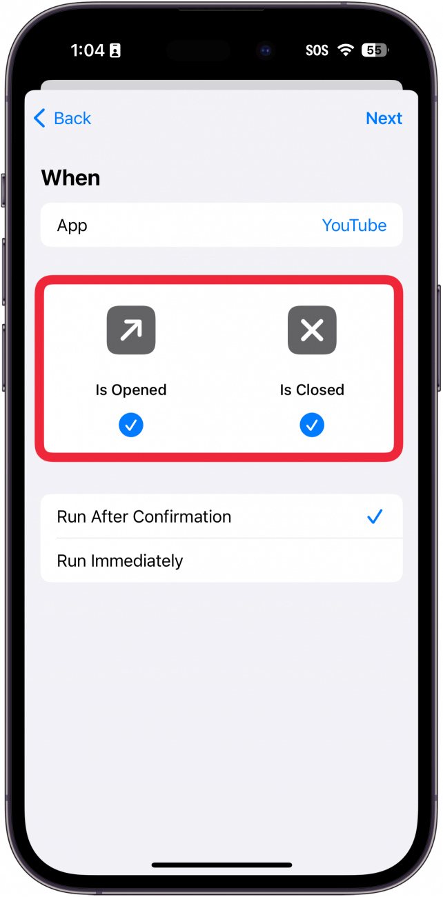 iPhone-Verknüpfungen-App-Automatisierung mit einem roten Kästchen um die geöffneten und geschlossenen Optionen eingerichtet