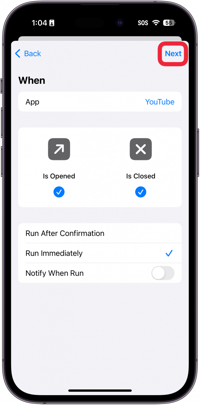 iPhone-Verknüpfungen-App-Automatisierung eingerichtet mit einem roten Kästchen um die Schaltfläche „Weiter“.