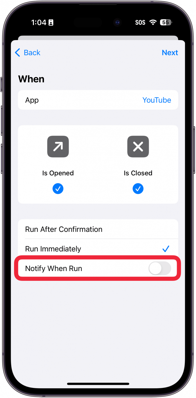 iPhone-Verknüpfungen-App-Automatisierung mit einem roten Kästchen um den Schalter „Bei Ausführung benachrichtigen“ eingerichtet