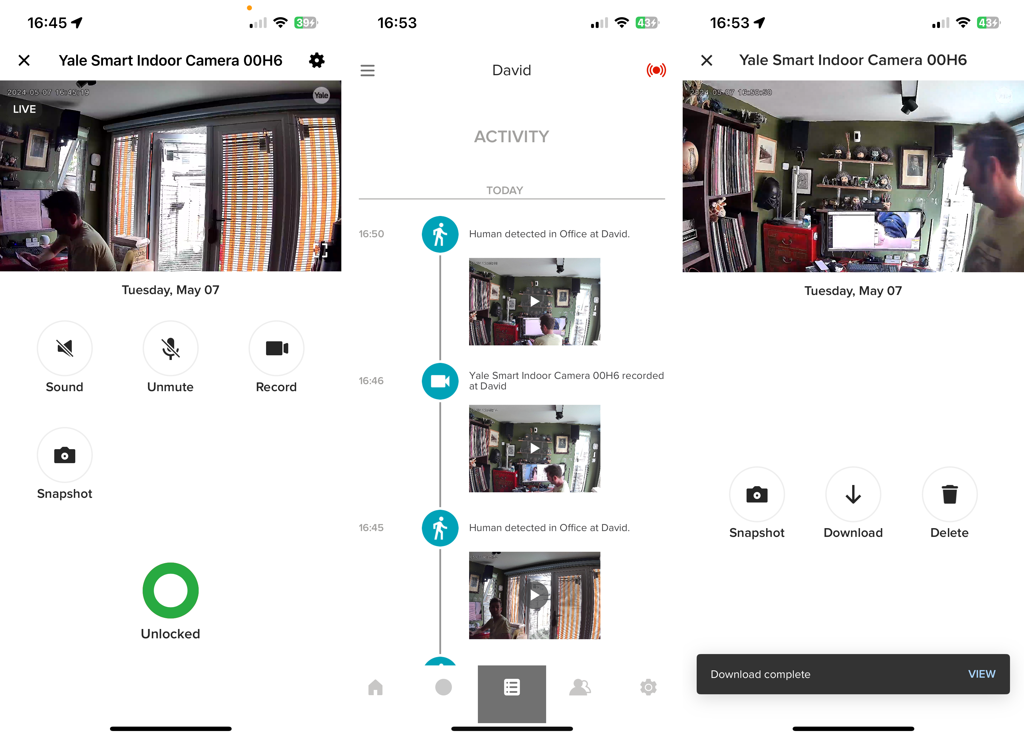 Live-Ansicht und Feed der Yale Smart Indoor-Kamera