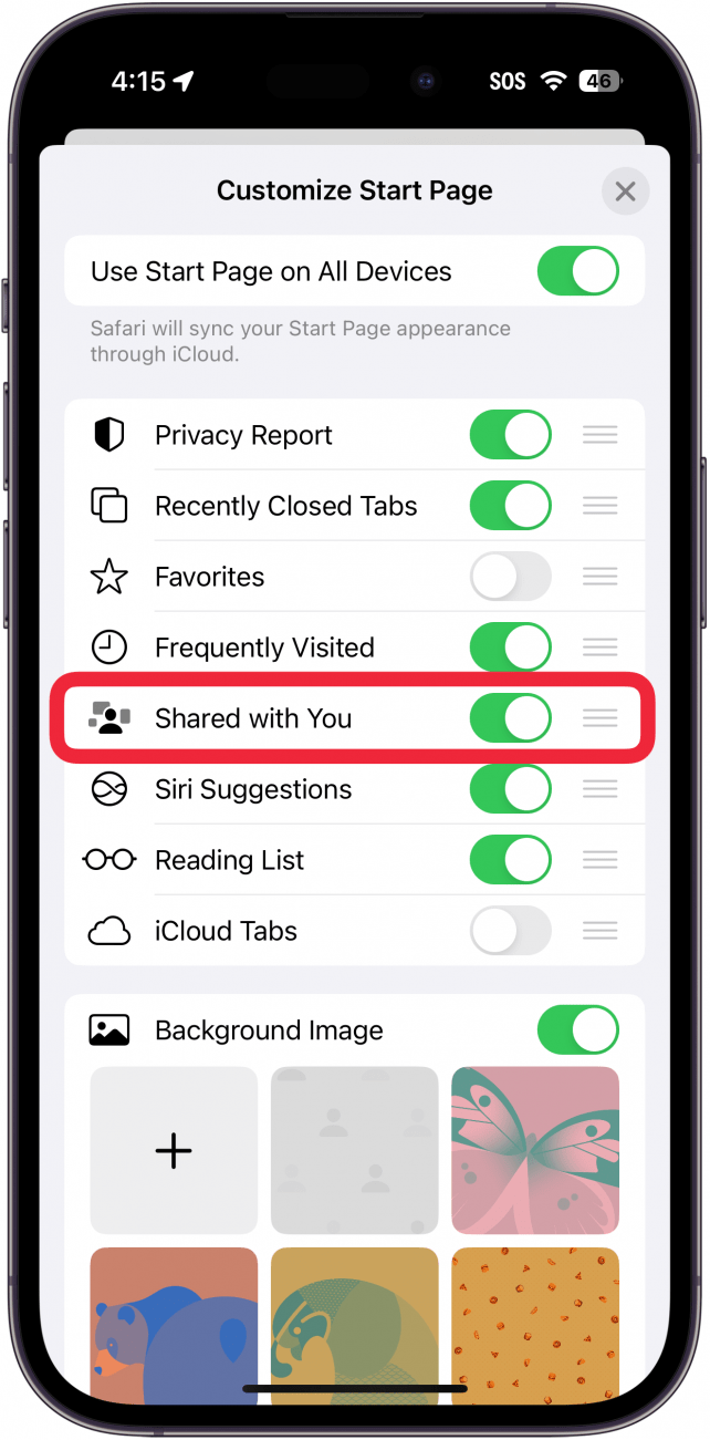 Bearbeiten-Bildschirm für neuen Tab auf dem iPhone mit einem roten Kästchen um den Umschalter „Mit Ihnen geteilt“