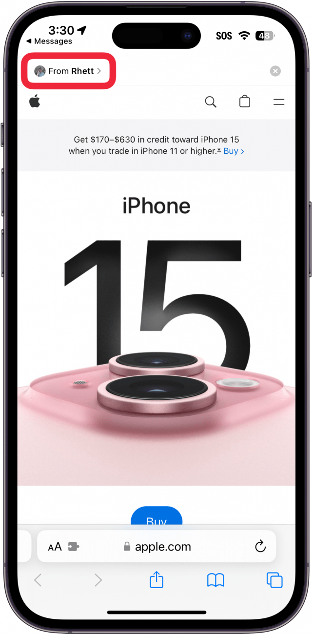 iPhone Safari zeigt eine Webseite mit einer Kopfzeile oben an, die dem Benutzer mitteilt, wer diesen Link gesendet hat, und einem roten Kästchen um den Namen des Absenders