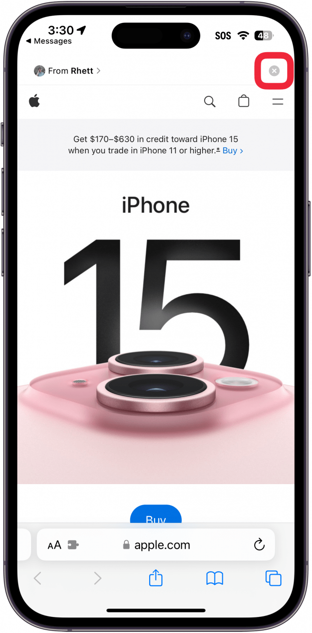 iPhone Safari zeigt eine Webseite mit einer Kopfzeile oben an, die dem Benutzer mitteilt, wer diesen Link gesendet hat, und einem roten Kästchen um ein X-Symbol, das die Kopfzeile schließt