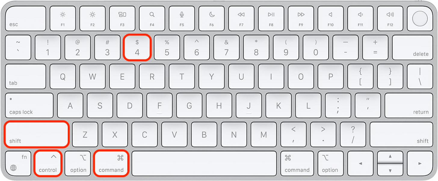 Drücken Sie gleichzeitig die Tasten Befehl, Strg, Umschalt und Nummer 4 auf der Tastatur.