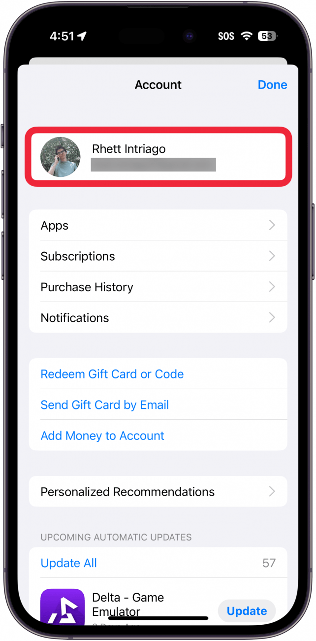 iPhone App Store-Profileinstellungen mit einem roten Kästchen um die Apple-ID
