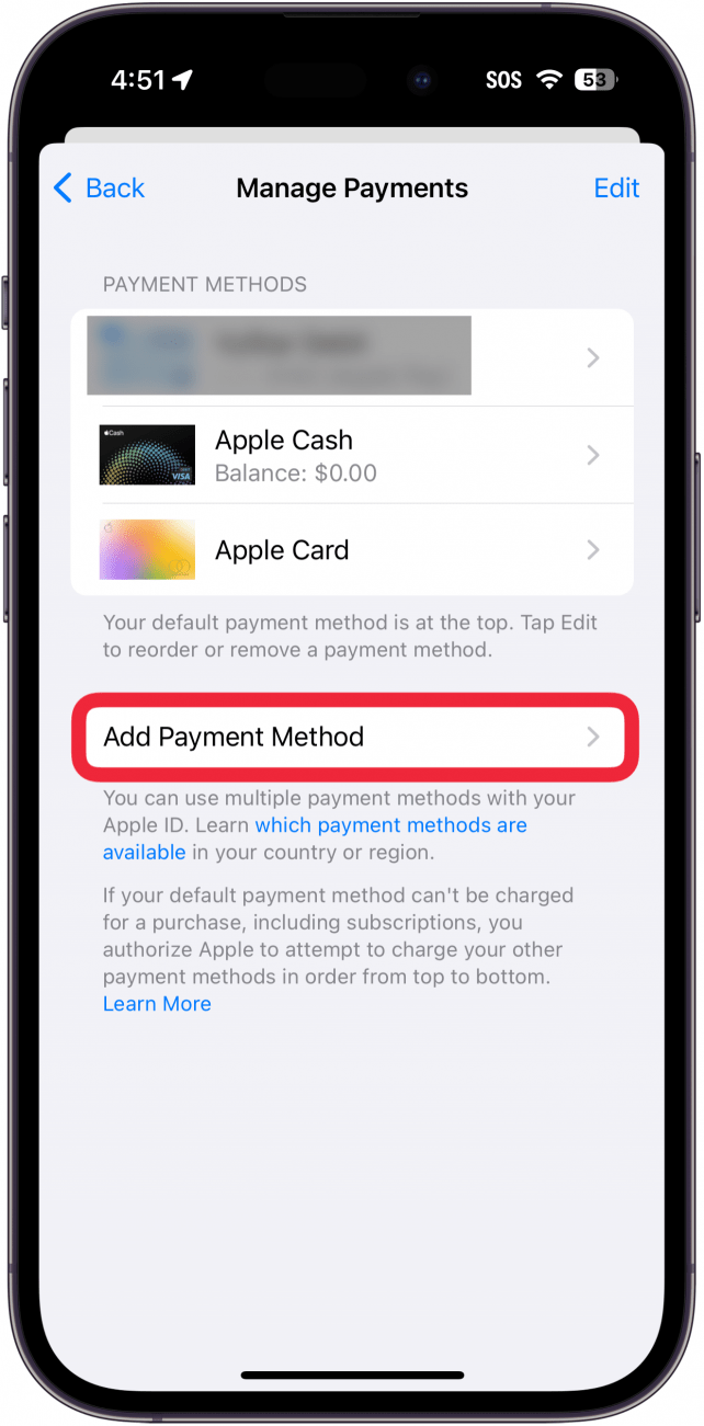 Zahlungseinstellungen im iPhone App Store mit einem roten Kästchen um die Schaltfläche „Zahlungsmethode hinzufügen“