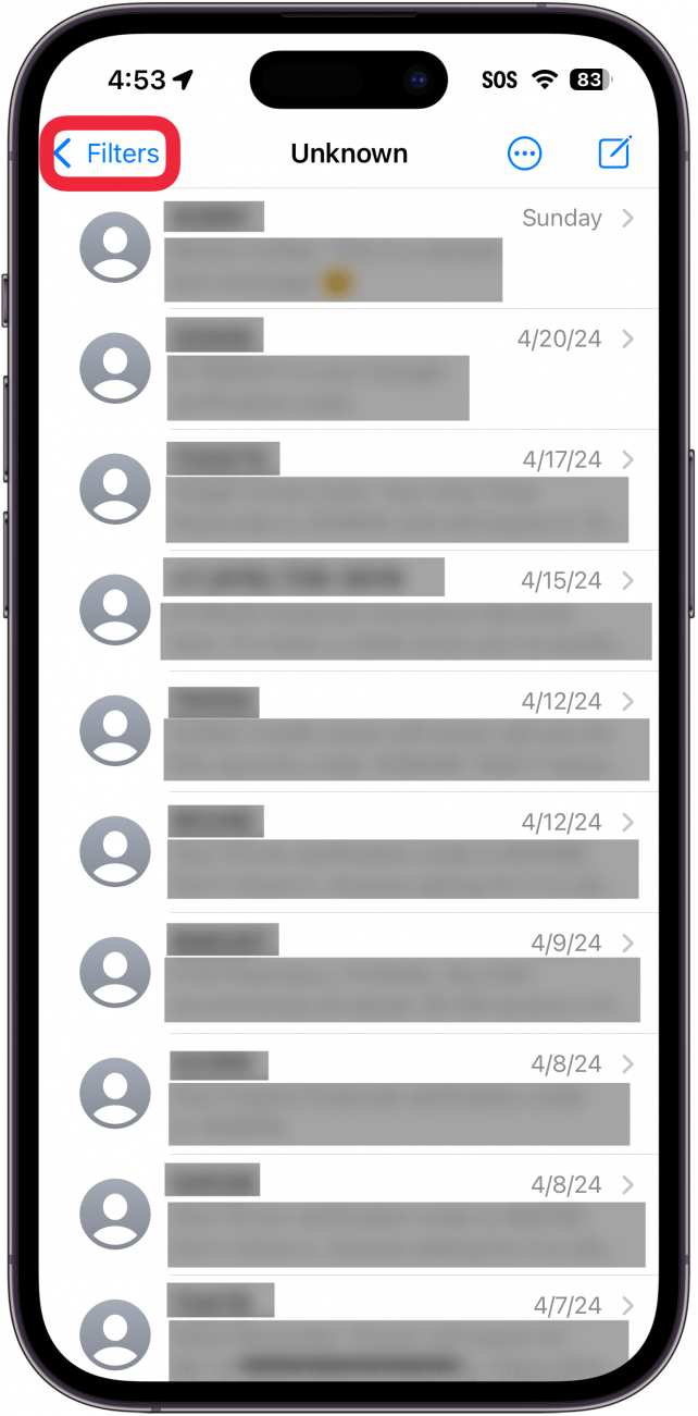 iPhone-Nachrichten-App mit einem roten Kästchen um die Filterschaltfläche