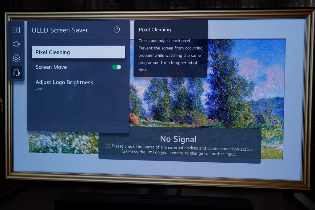 LG G1 OLED-Fernseher mit Anzeigeeinstellungen für OLED-Bildschirmschoner und Pixelreinigung
