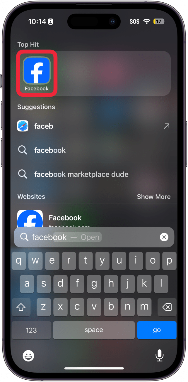 iPhone-Suche mit einem roten Kästchen um die Facebook-App