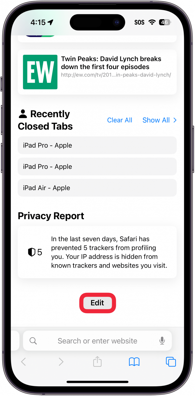 Neuer Tab-Bildschirm bei iPhone Safari mit einem roten Kästchen um die Schaltfläche „Bearbeiten“