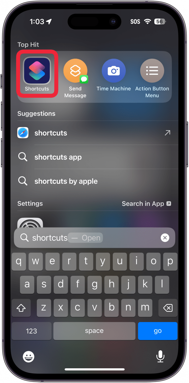 iPhone-Spotlight-Suche mit einem roten Kästchen um die Verknüpfungs-App
