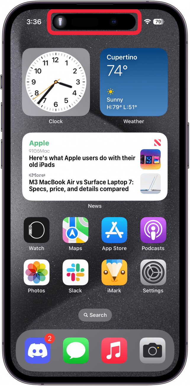 iPhone-Startbildschirm mit einem roten Kästchen um die dynamische Insel