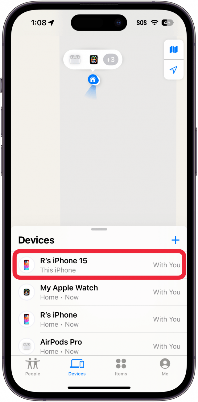 iPhone-App „Finde mein“ mit einem roten Kästchen um das iPhone