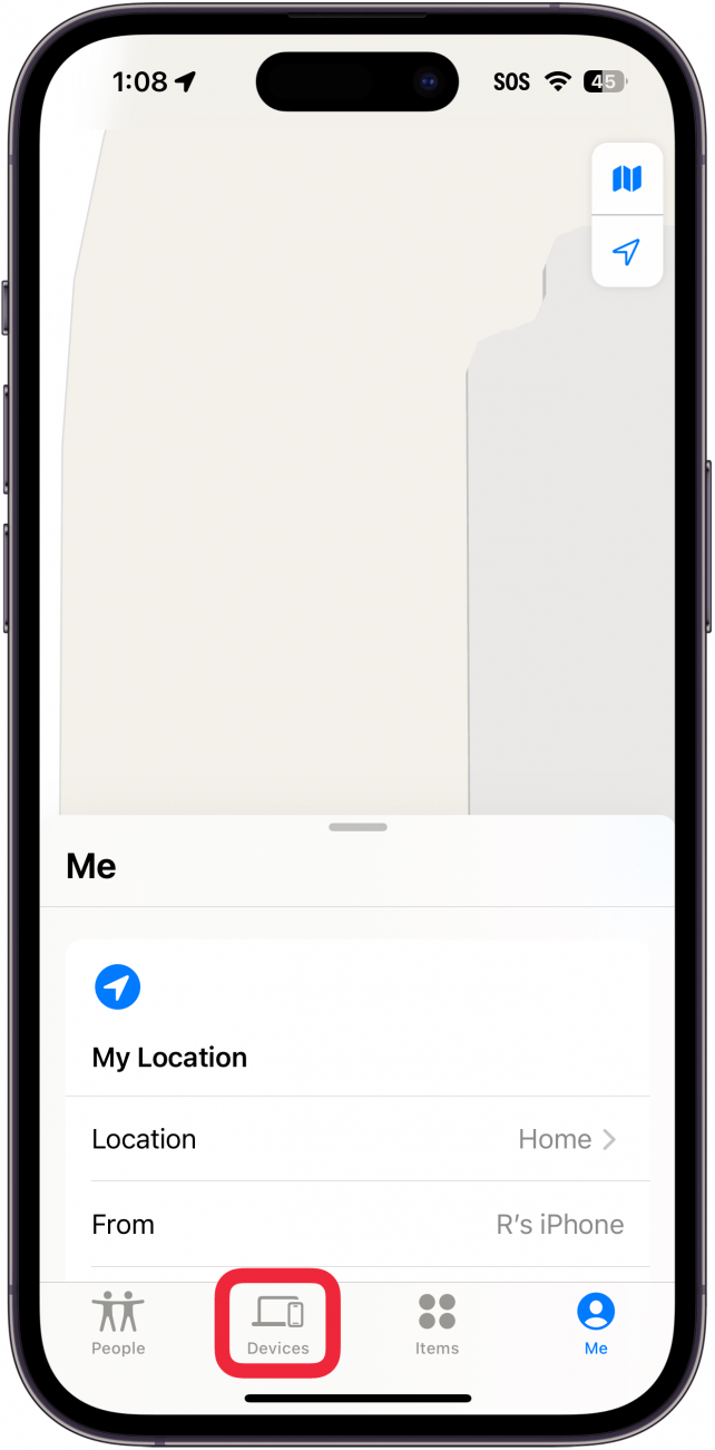 iPhone-App „Finde mich“ mit einem roten Kästchen um die Registerkarte „Geräte“