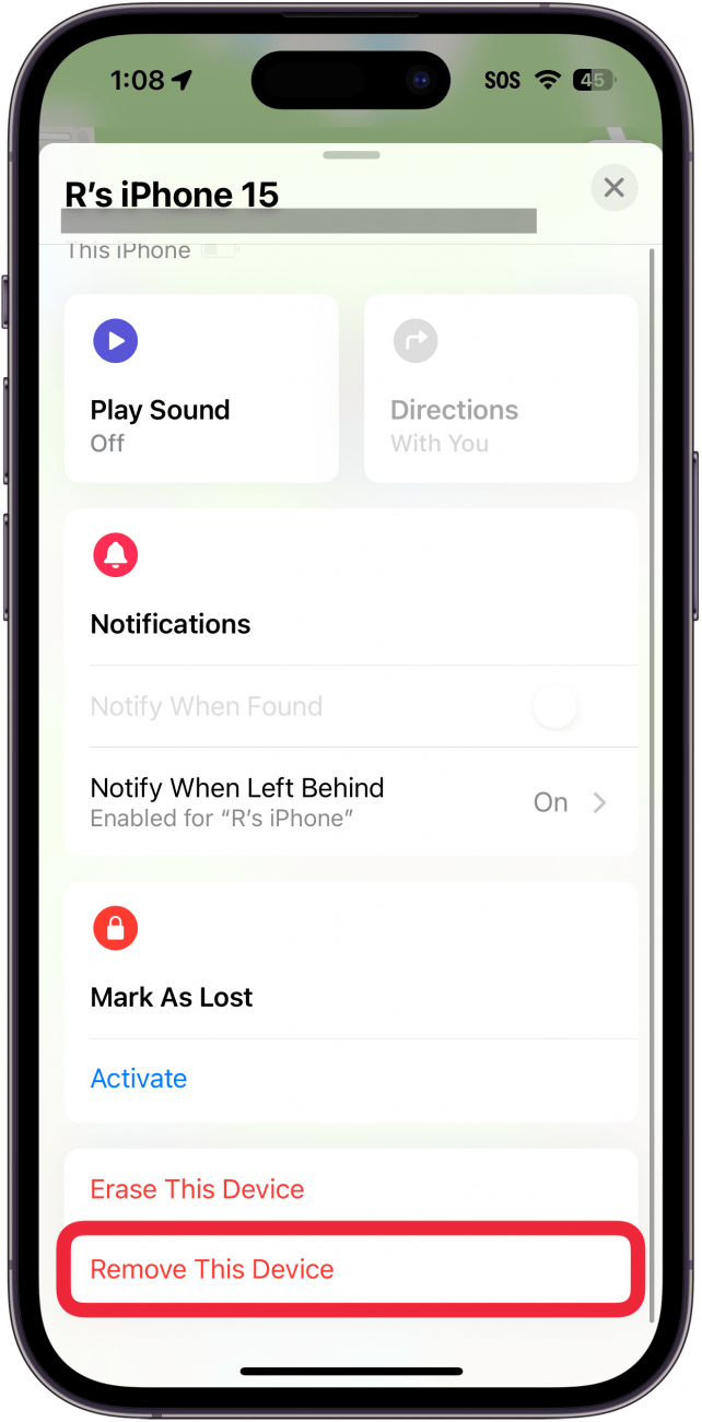 iPhone „Finde meine App“ mit einem roten Kästchen um die Schaltfläche „Dieses Gerät entfernen“
