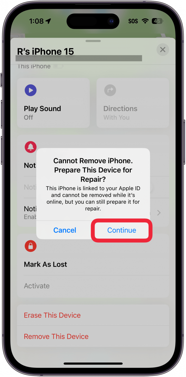 Die iPhone-App „Find My“ zeigt ein Popup an, dass das Gerät nicht entfernt werden kann, aber für die Reparatur vorbereitet werden kann, mit einem roten Kästchen um die Schaltfläche „Fortfahren“