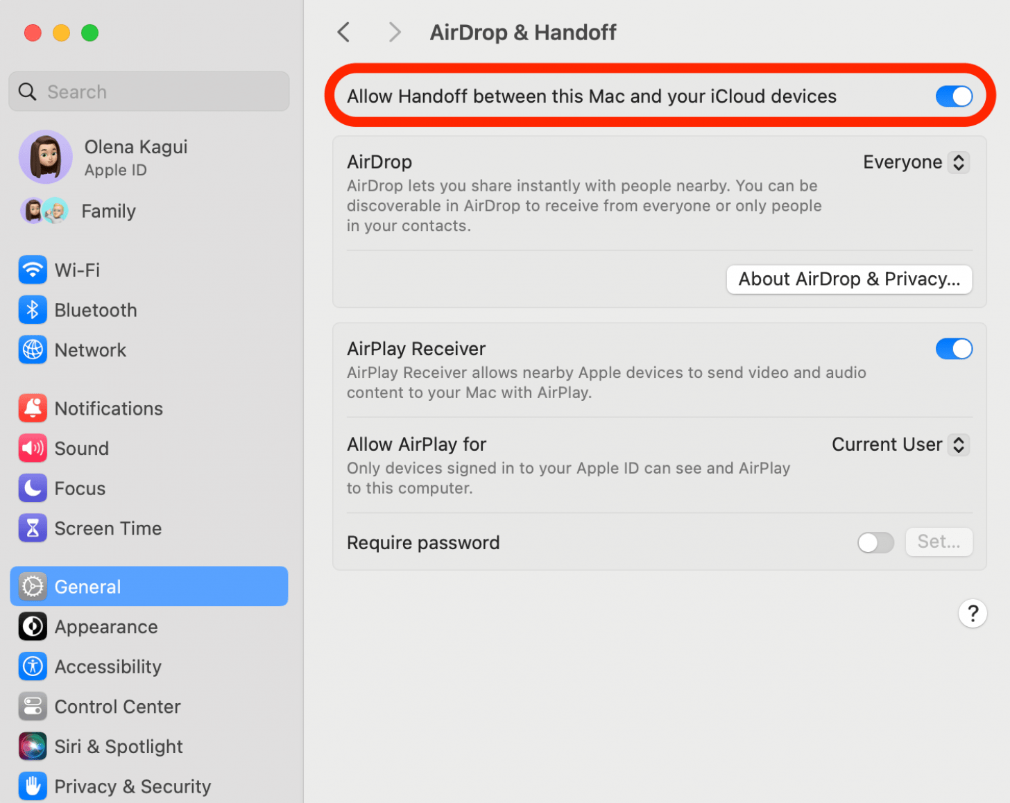 Stellen Sie sicher, dass die Option „Handoff zwischen diesem Mac und Ihren iCloud-Geräten zulassen“ aktiviert ist.