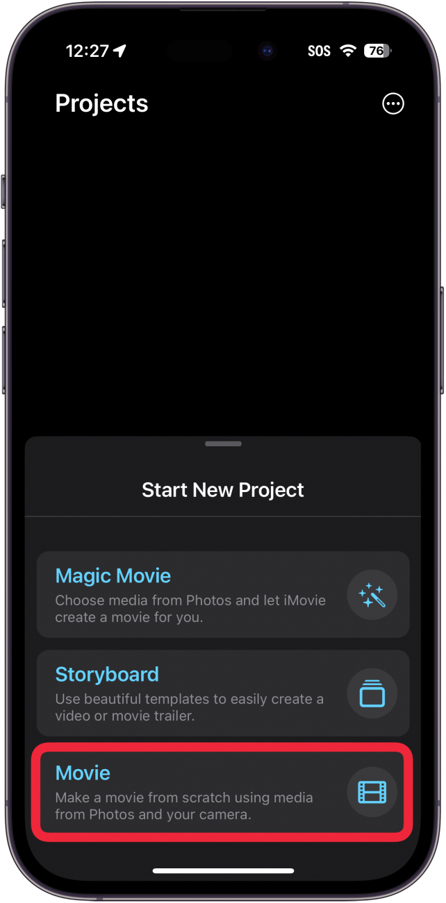iPhone iMovie-App mit einem roten Kästchen um die Filmoption unter „Neues Projekt starten“