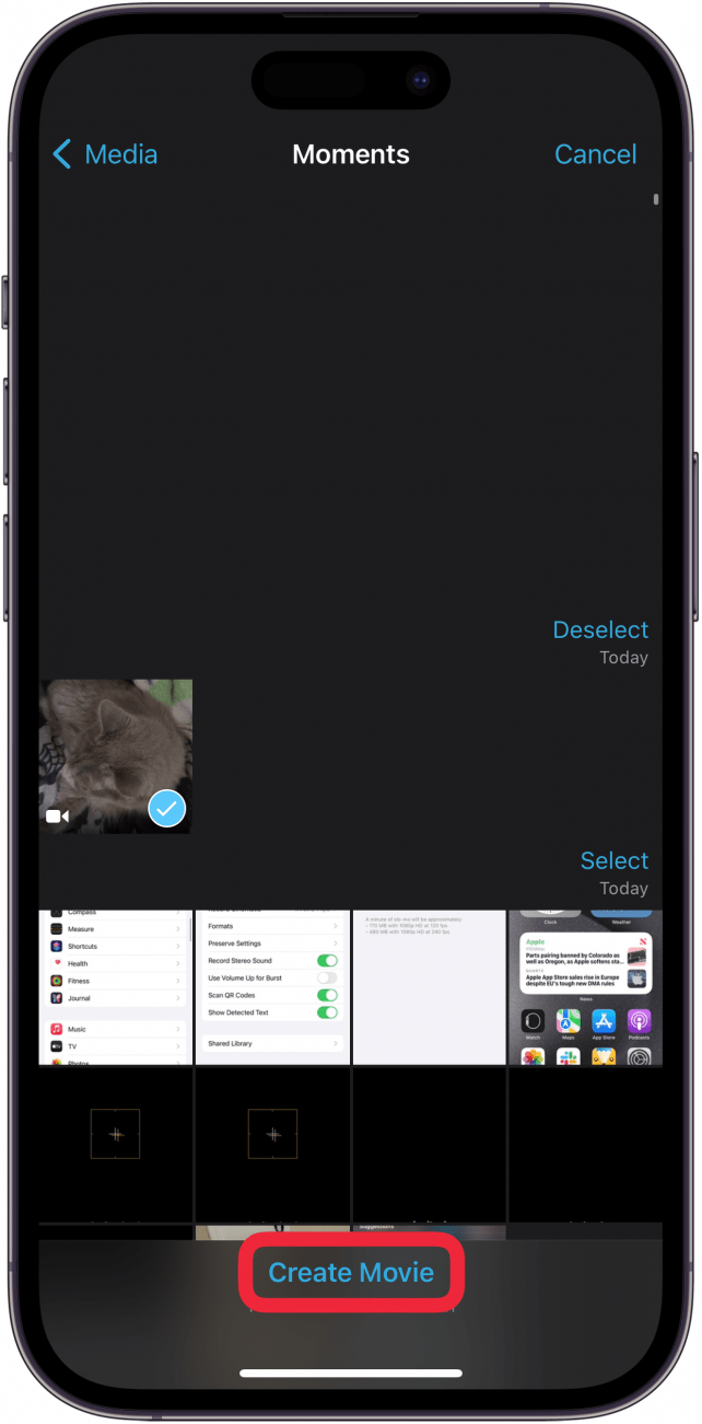 iPhone iMovie-App mit einem roten Kästchen um die Schaltfläche „Film erstellen“