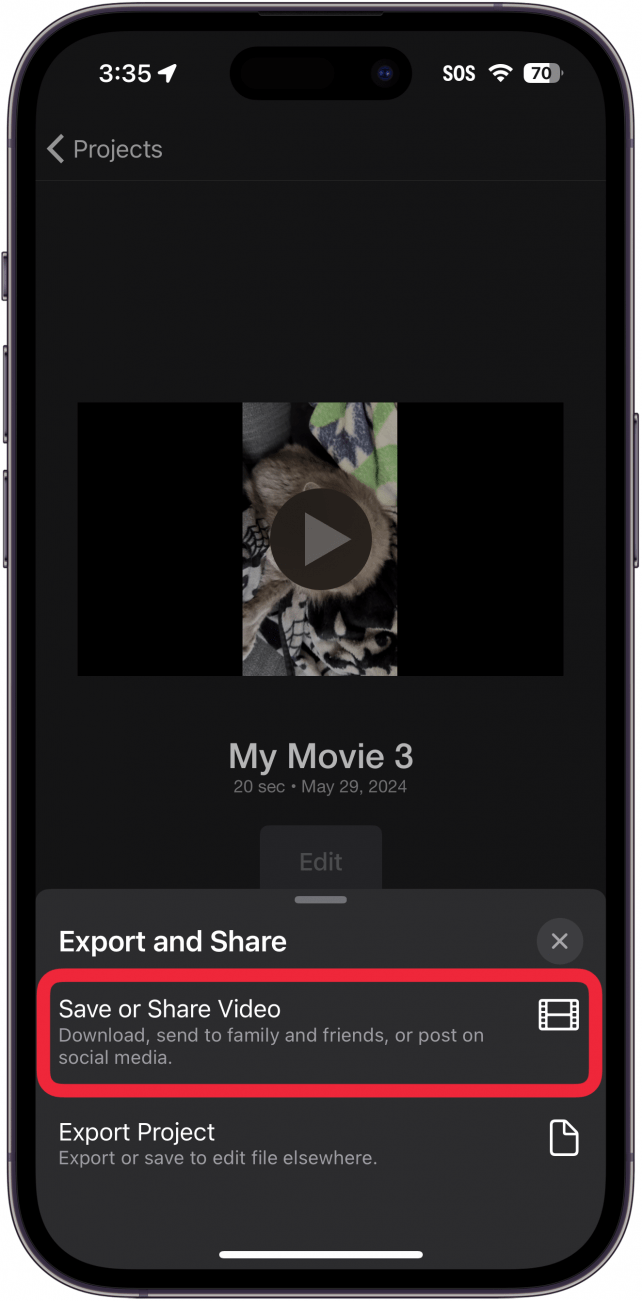 Bildschirm „Projekt exportieren“ der iMovie-App auf dem iPhone mit einem roten Kästchen um die Schaltfläche „Video speichern“ oder „Video teilen“
