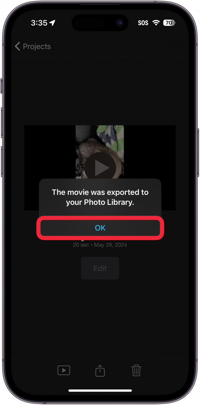Beim Exportieren von Projekten in der iPhone-iMovie-App wird ein Popup angezeigt, das angibt, dass der Export erfolgreich war, mit einem roten Kästchen um die Schaltfläche „OK“.