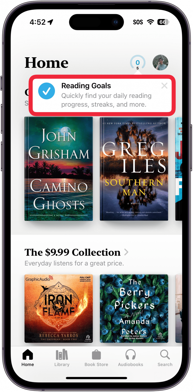 iPhone-Bücher-App mit einem roten Kästchen um ein Popup, das den Benutzer über die Funktion „Leseziele“ informiert