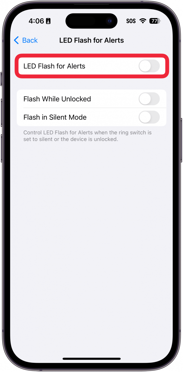 iPhone-LED-Blitz für Alarmeinstellungen mit einem roten Kästchen um den LED-Blitz für Alarme-Umschalter